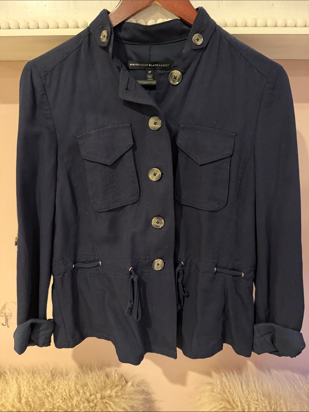 White House Black Market Navy Drawstring Utility Jacket